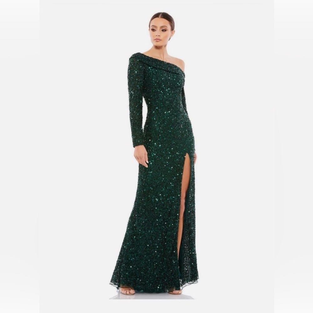 Mac Duggal One-Shoulder Emerald Sequin Gown
